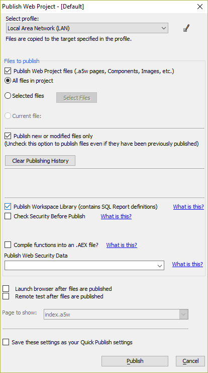 Settings for publishing the web project to the server.